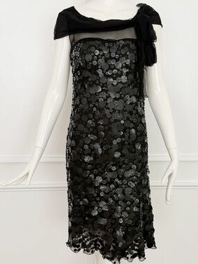 Moschino Black Sequin Cocktail Dress with Sheer Scarf
